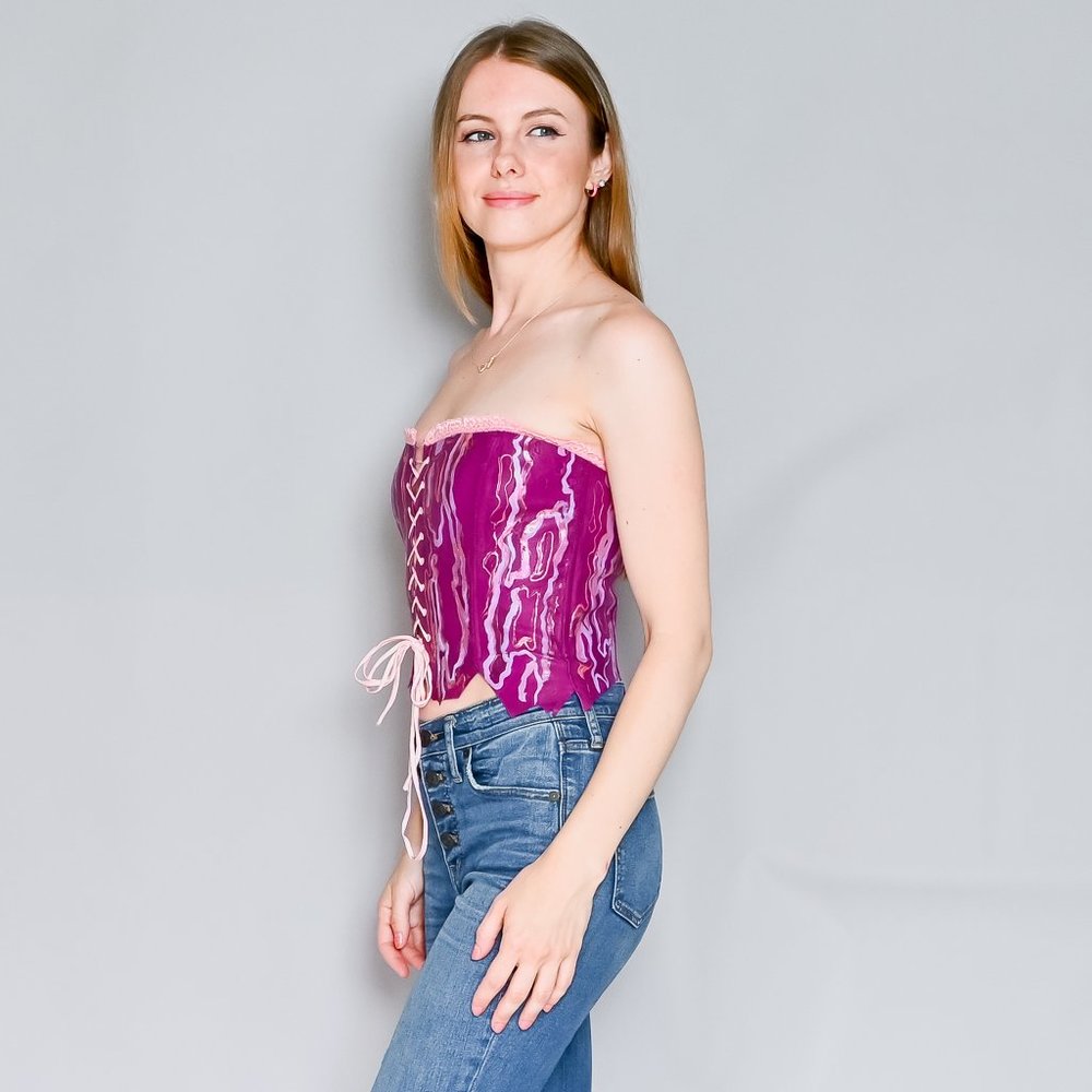 VINTAGE Real Leather Hand Painted Lace-Up Corset Top Small 30"+P2P - Picture 5 of 9
